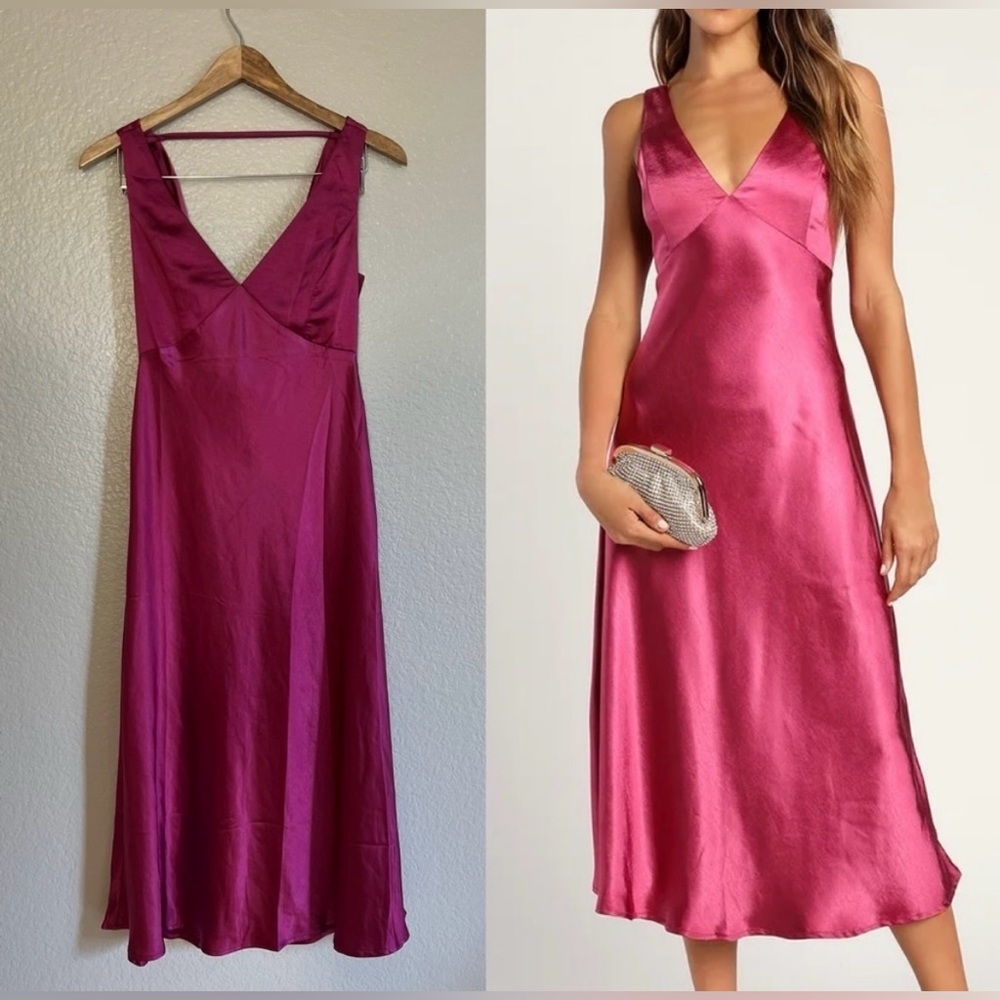NWT - Lulus Incredible Love Magenta Pink Satin Cowl Back Midi Slip Dress - Picture 6 of 8